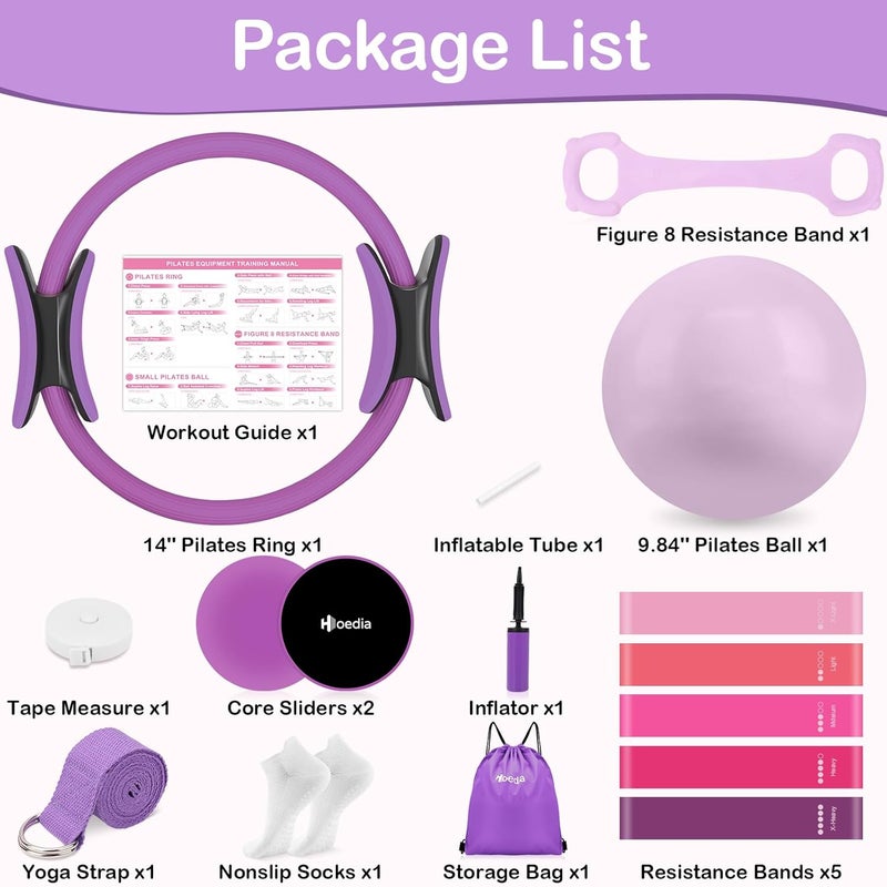 Hoedia 17 PCS Pilates Kit for Women, Pilates Equipment Ring and Ball Set with Resistance Bands, Yoga Strap, Core Sliders, Socks, Bag & Guide for Starter Home Workout Fitness Gym Essentials - Image 2